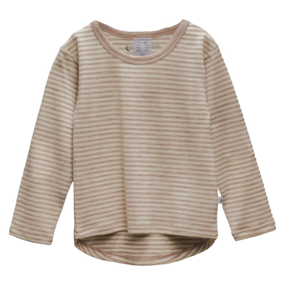 The sleep store beige striped merino long-sleeve shirt on a white background