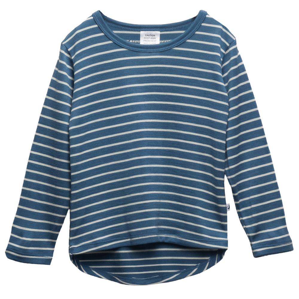 A long-sleeve jersey merino crewneck top with horizontal blue and white stripes, displayed flat against a plain white background.