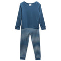 A two-piece children's jersey merino pyjama set featuring a long-sleeve crewneck top in slate blue and matching striped pants with thin white horizontal stripes.