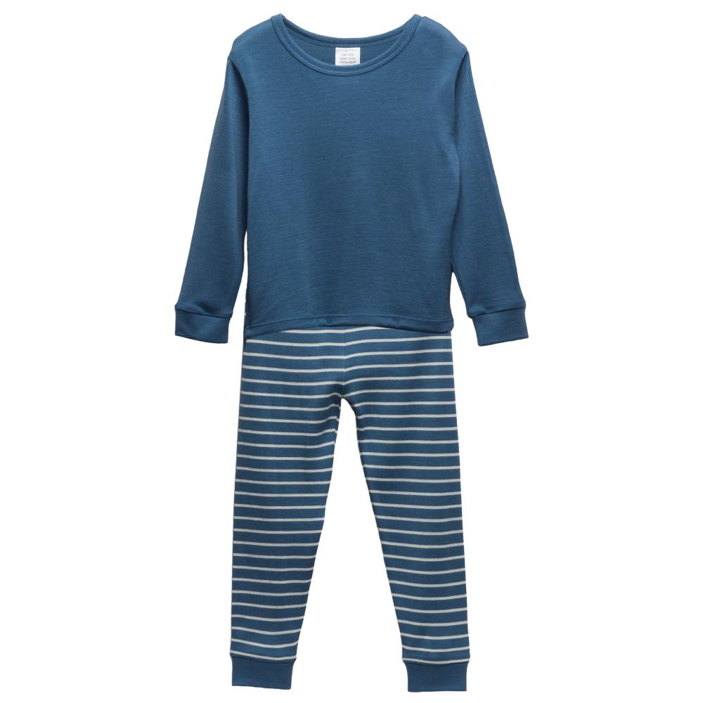 A two-piece children's jersey merino pyjama set featuring a long-sleeve crewneck top in slate blue and matching striped pants with thin white horizontal stripes.