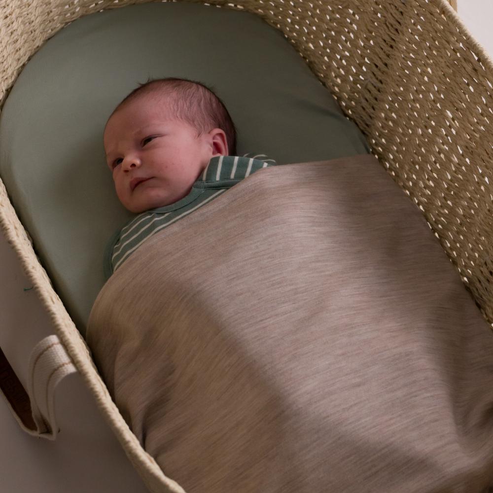 Newborn baby in moses basket covered with a merino jersey blanket
