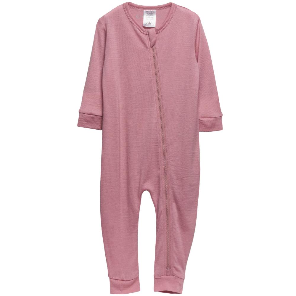 The sleep store jersey merino pink baby zipsuit onesie on a white background