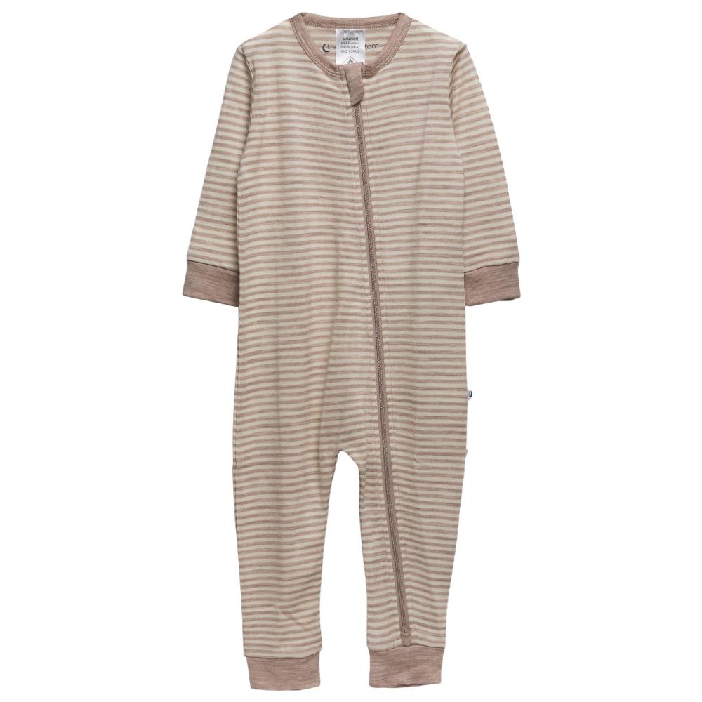 The Sleep Store Jersey Merino striped baby onesie zipsuit on a white background