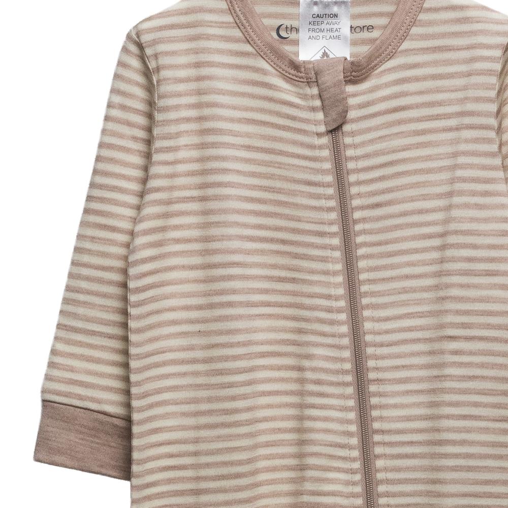 The Sleep Store Merino striped baby onesie with a zipper on a white background