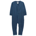 A dark blue long-sleeve jersey merino baby footless one-piece zipsuit with a front zipper, shown flat against a white background.