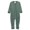 Jersey Merino green and white striped onesie on a white background