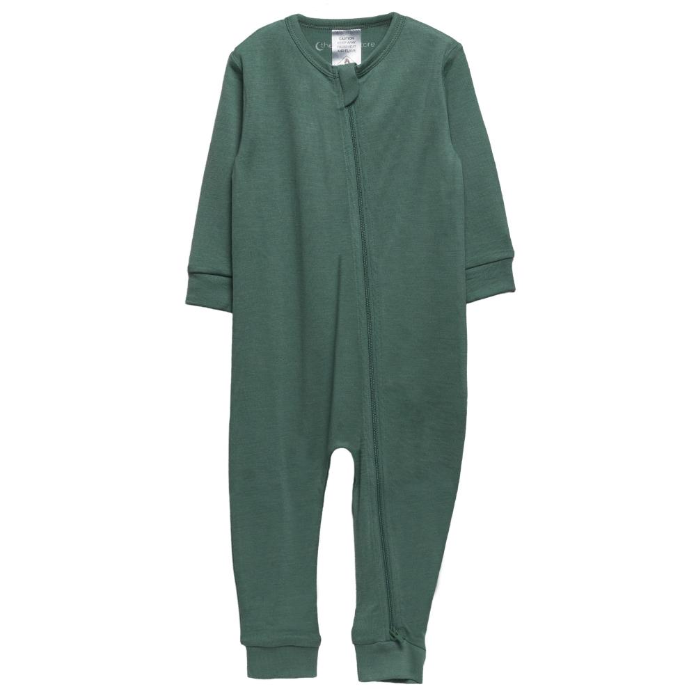 The sleep store green jersey merino zip onesie without feet on a white background