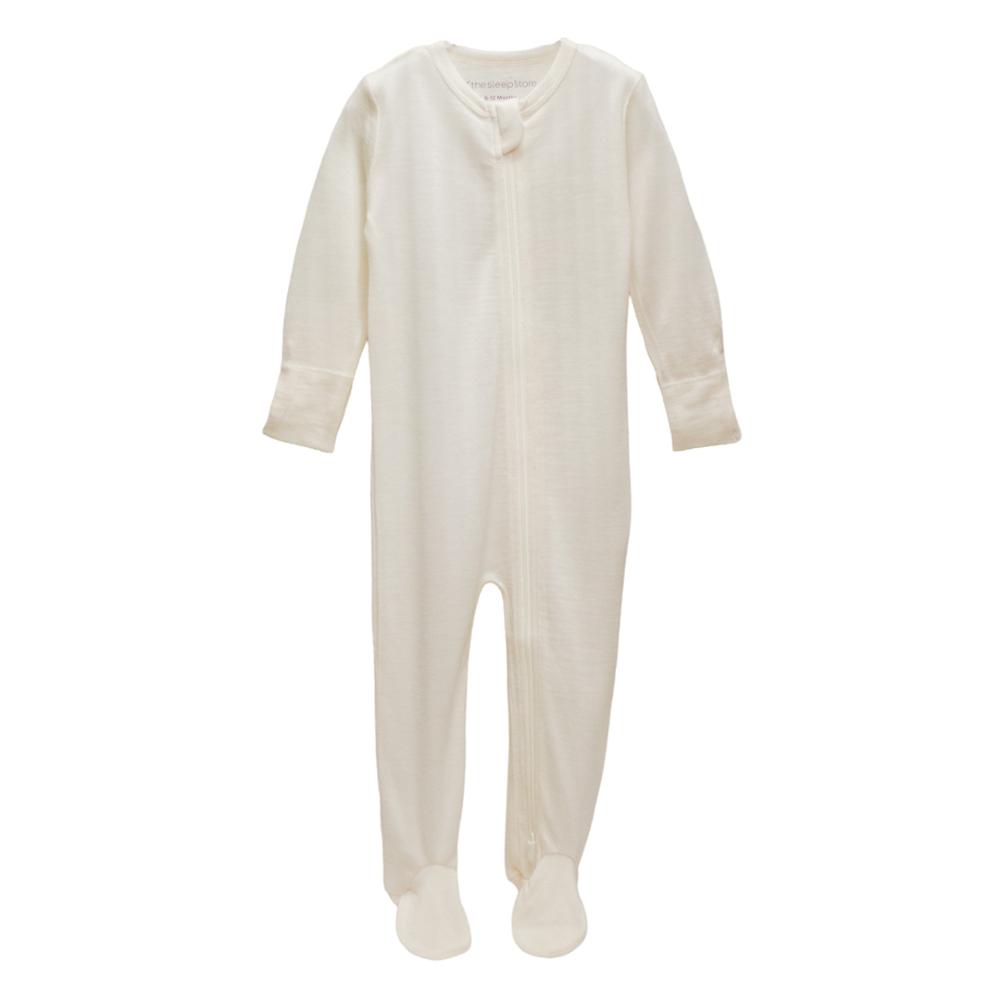 The sleep store jersey merino white baby footed onesie on a white background