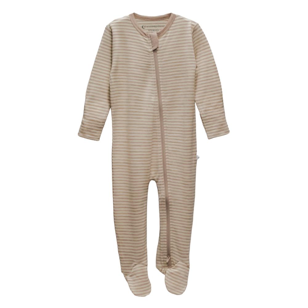 The sleep store jersey merino beige striped baby onesie on a white background