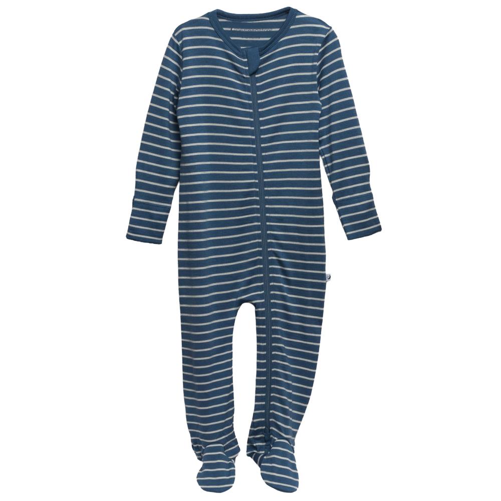 Footed jersey merino baby zip suit in blue stripe and white background 
