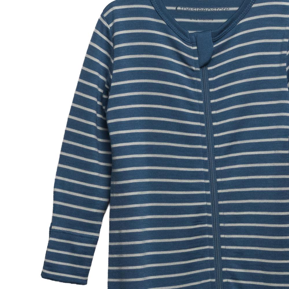 Close up of zip on blue onesie