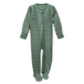 The sleep store jersey merino green and white striped baby onesie on a white background