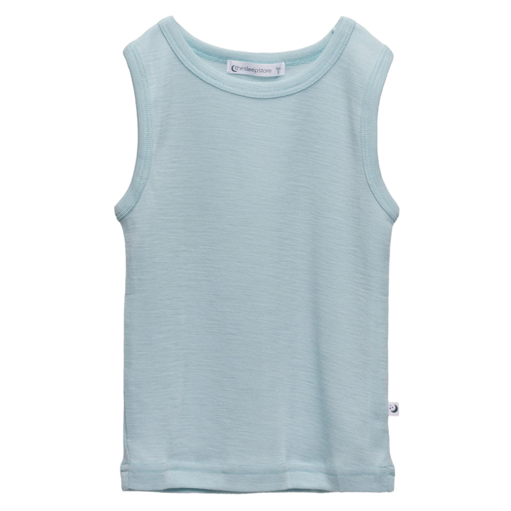 Light blue deluxe merino rib sleeveless singlet on a white background