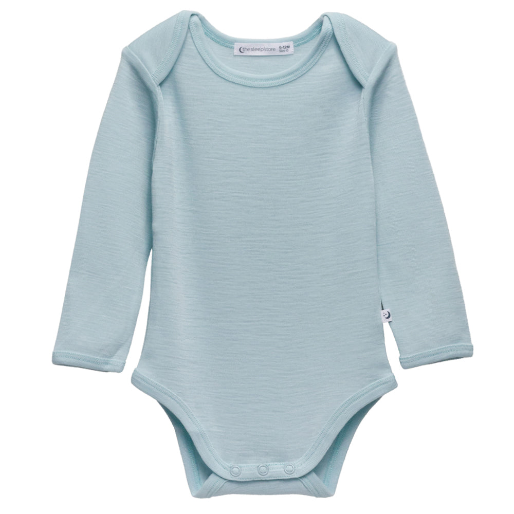 Light blue deluxe merino rib baby bodysuit with long sleeves on a white background