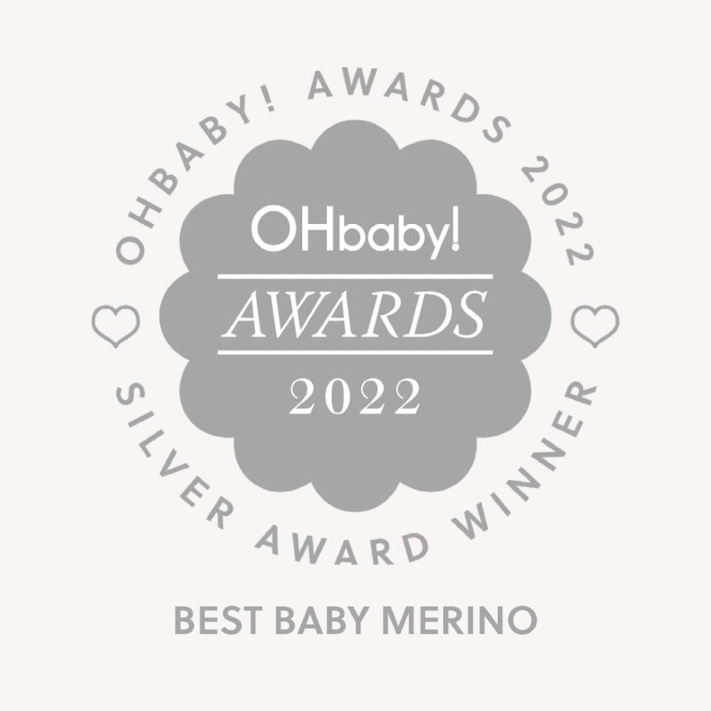 Silver award badge for 'Best Baby Merino' at the OHbaby! Awards 2022 on a light gray background