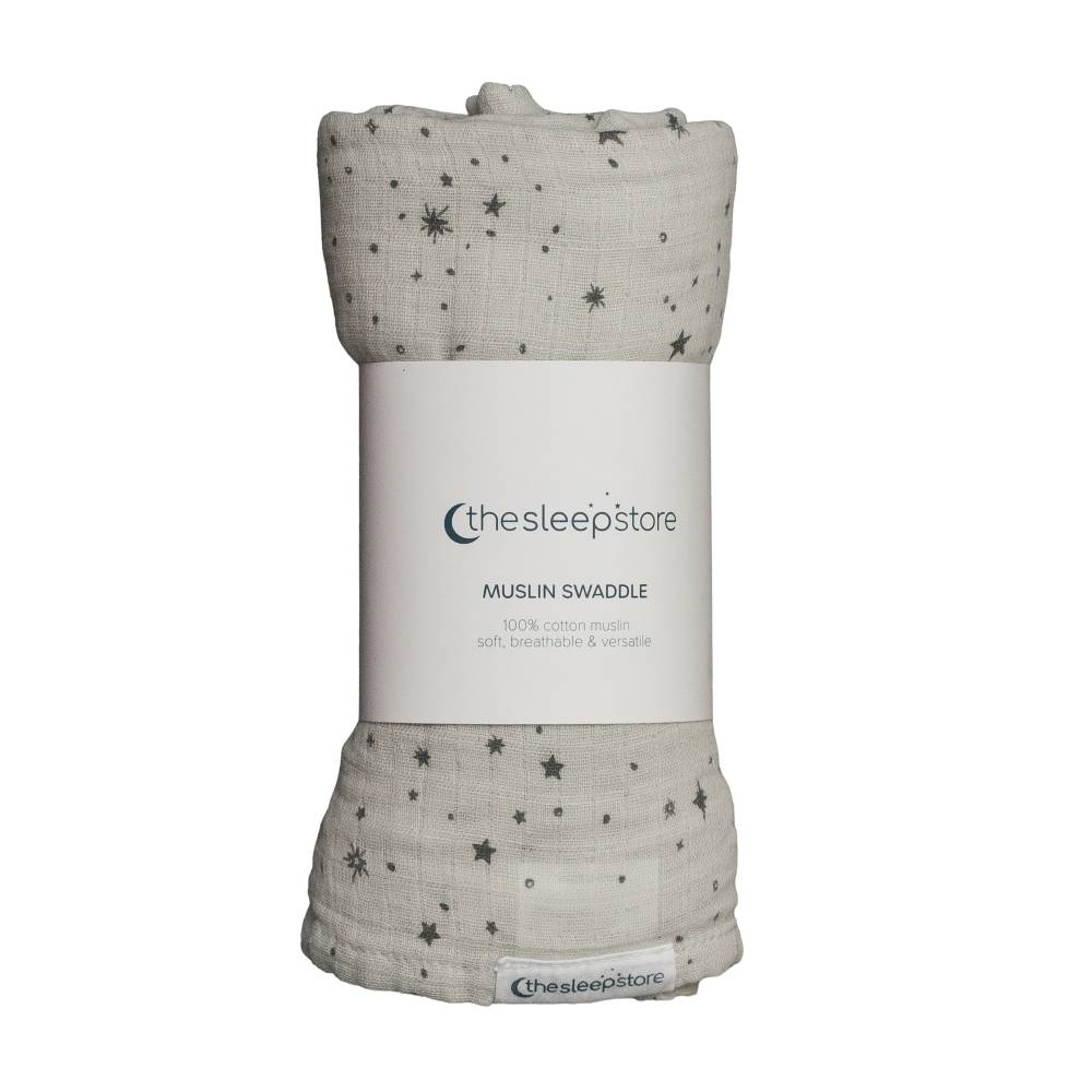 Soft grey Muslin swaddle with star pattern and 'thesleepstore' branding on a white background
