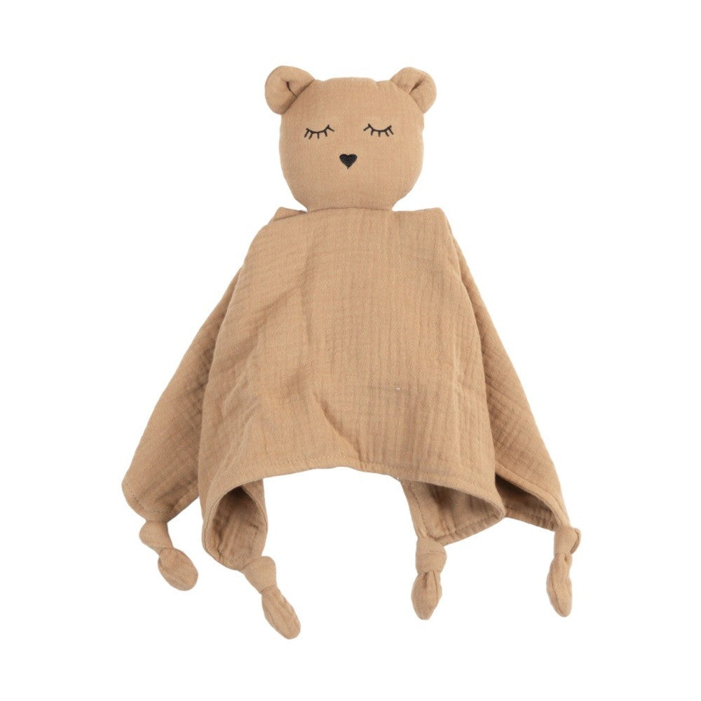 Brown bear-shaped cotton muslin textured comforter on a white background