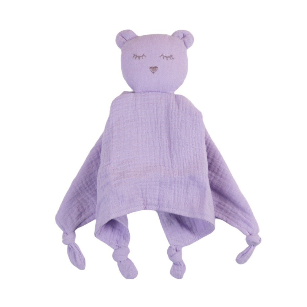 Purple baby comforter with bear ears and face in a cotton muslin fabric on a white background