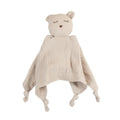 Beige bear-shaped comforter in a cotton muslin textured fabric on a white background