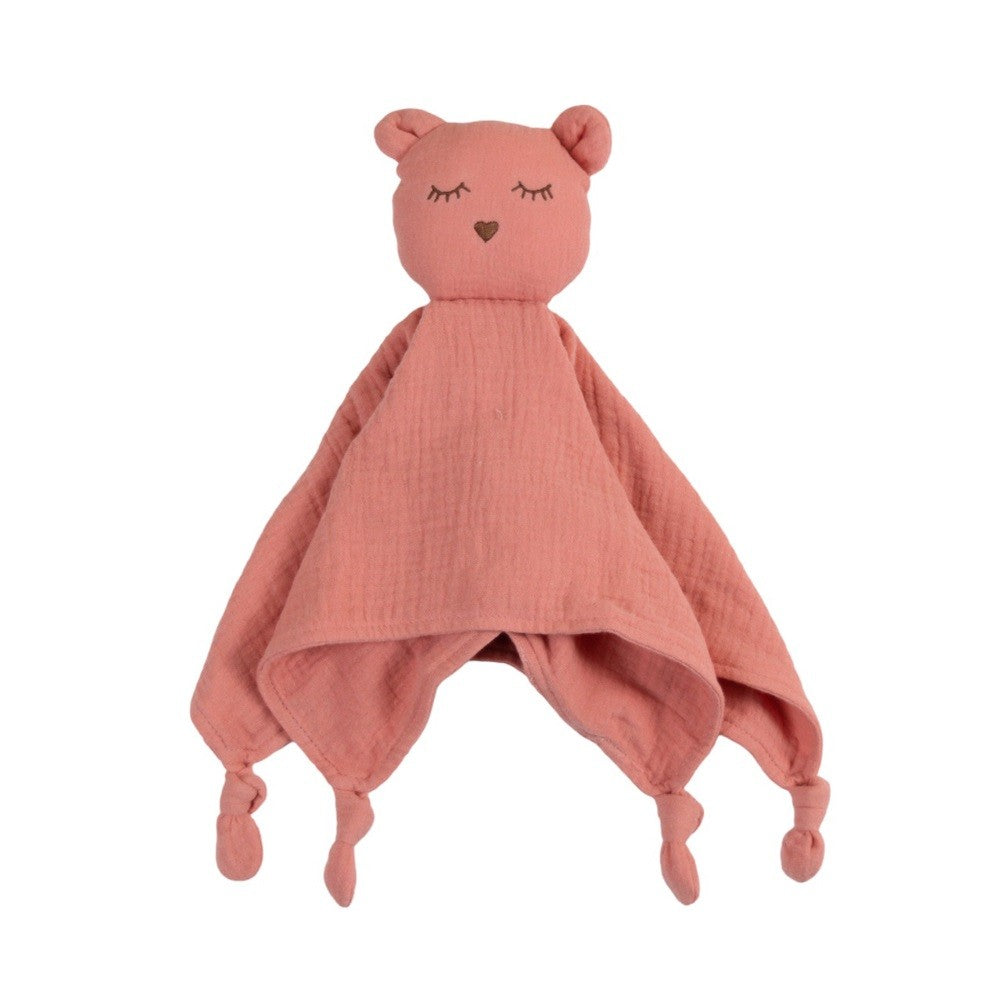 Pink bear-shaped plush comforter in a muslin cotton fabric on a white background