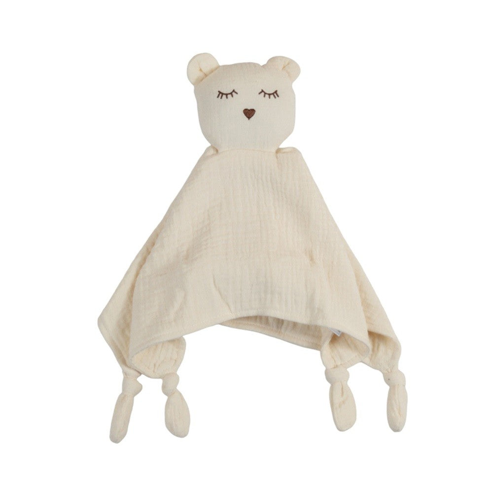 Cream cotton muslin baby comforter with brown bear face on a white background