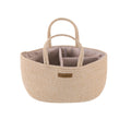 Dark Beige Nappy Caddy with brown leather look brand patch and striped inner on a white background