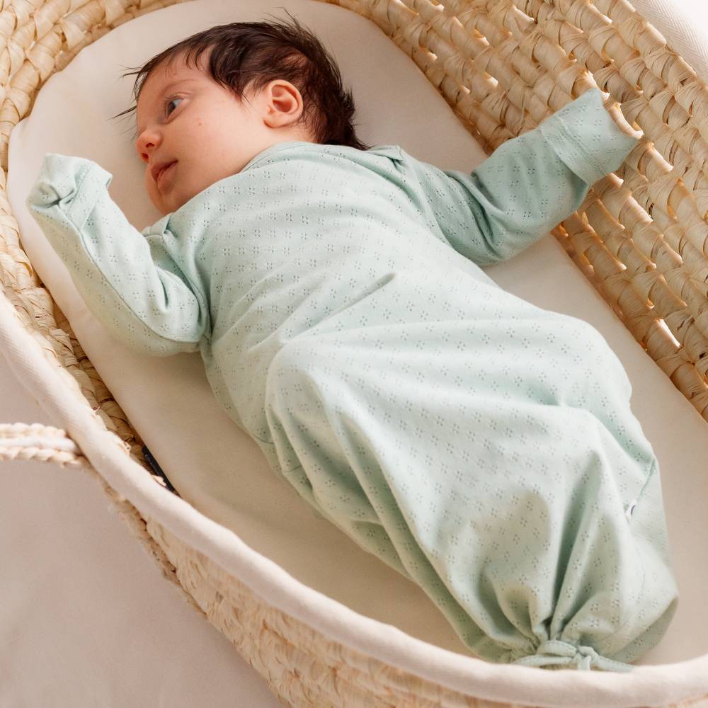 Organic Cotton Pointelle Drawstring Baby Gown - Sage