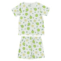 Kids cotton short sleeve PJs with an all over apple print on a white background. 