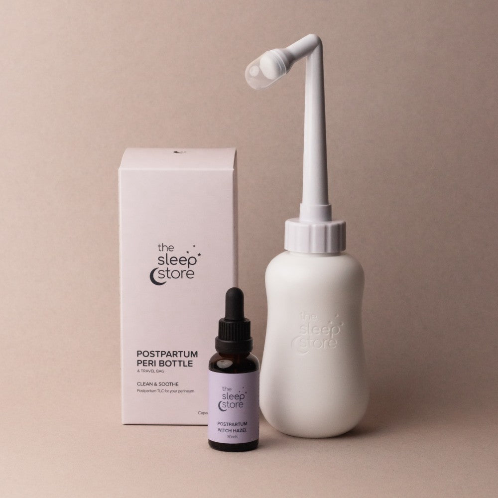 White perineum bottle, dropper bottle, and packaging with 'the sleep store' branding on a beige background.