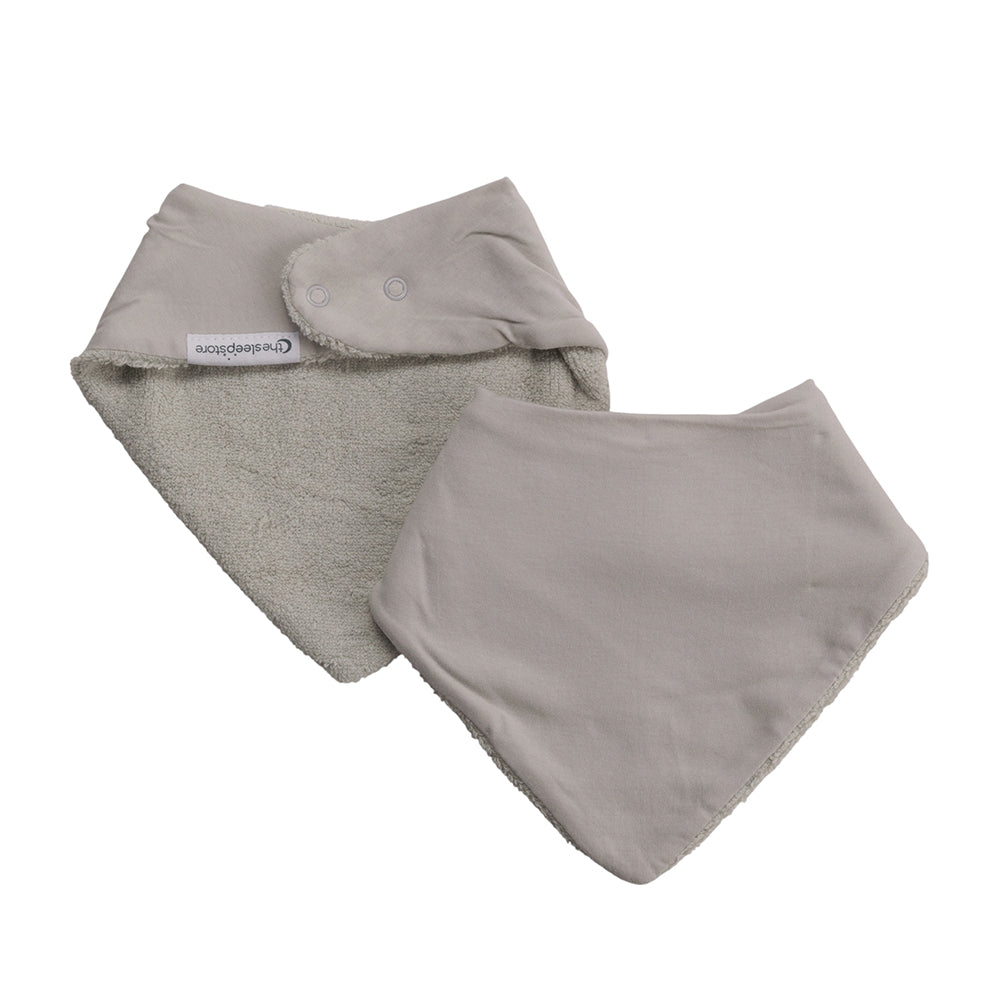 Two gray cotton bandana baby bibs on a white background