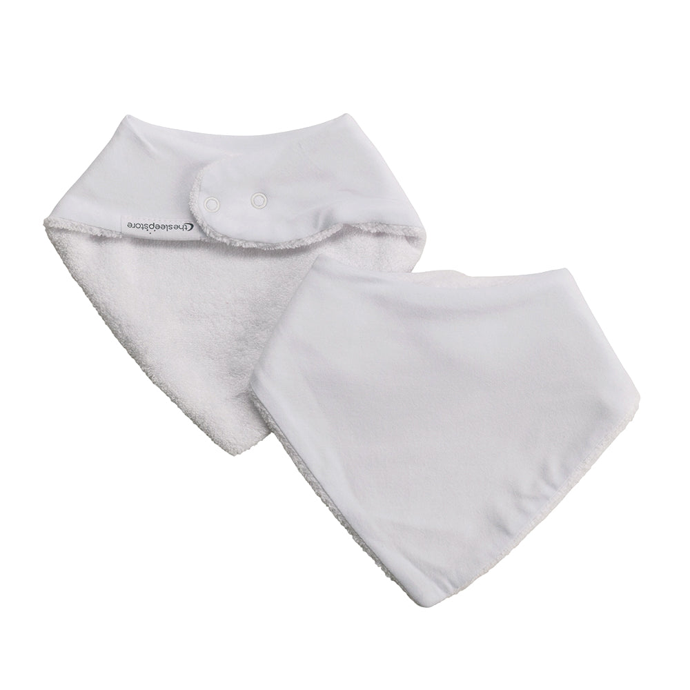 White baby bib with terry cloth back and jersey cotton front on a white background