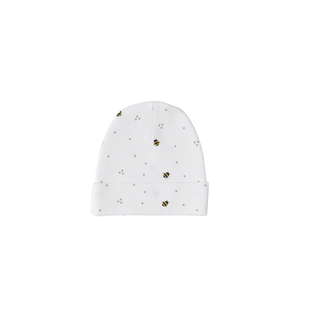 Cream bees print beanie on a white background