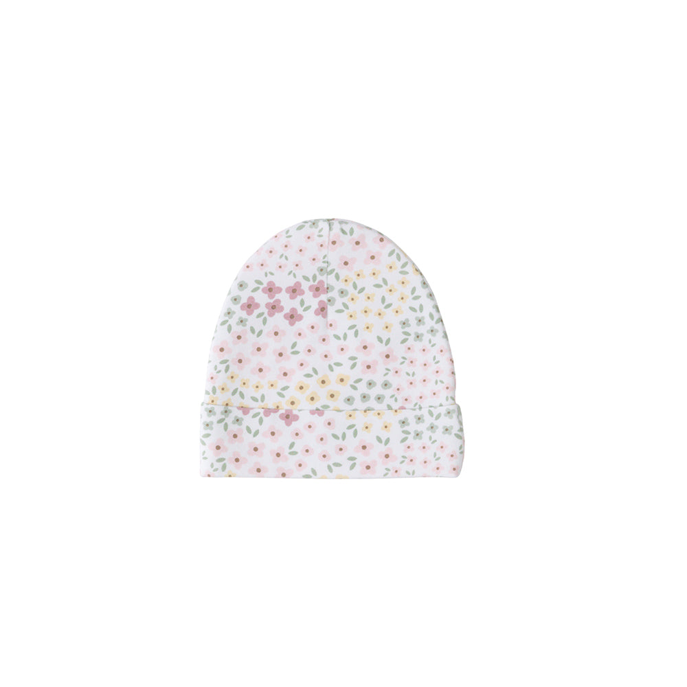 Floral print beanie on a white background