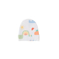 Rainbow print beanie on a white background