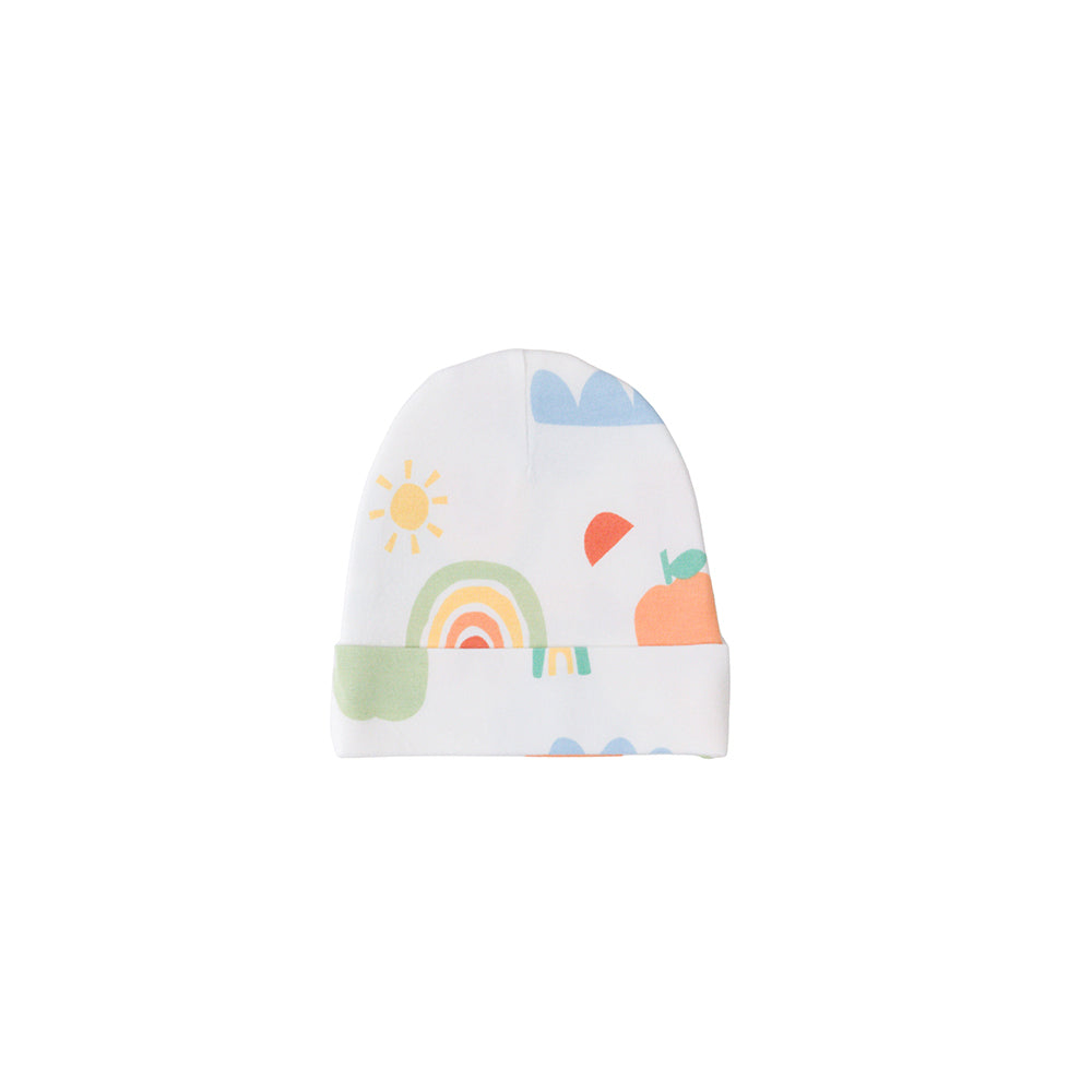 Rainbow print beanie on a white background