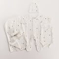 Bee Print gift pack with onesie, singletsuit booties, beanie and swaddle on white background
