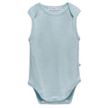 Light blue deluxe merino rib sleeveless baby bodysuit on a white background