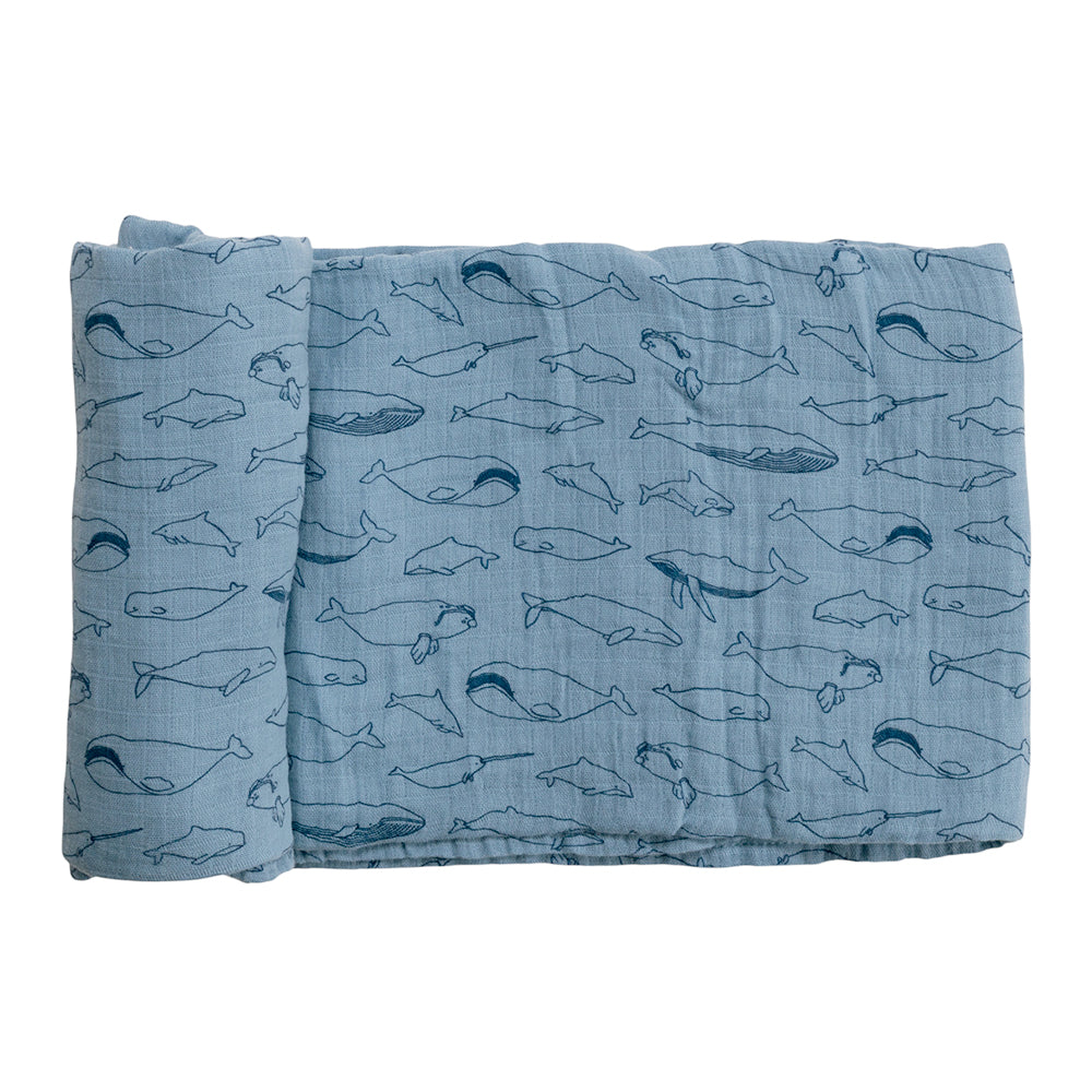 Folded blue muslin wrap with whale pattern on a white background