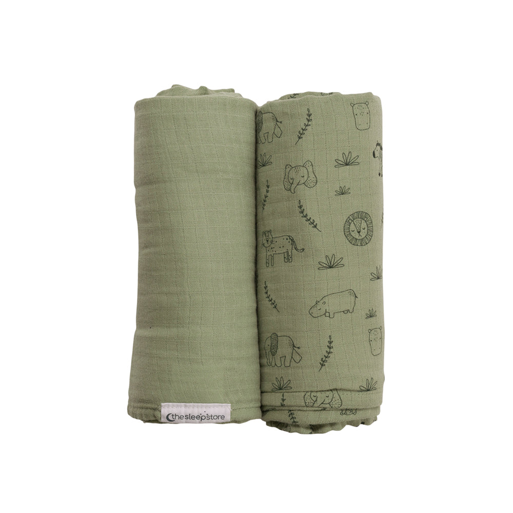 Two green swaddles with animal prints on a white background