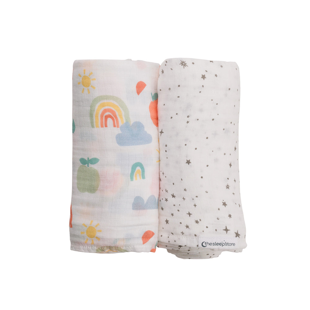Two baby swaddle blankets with colorful designs on a white background