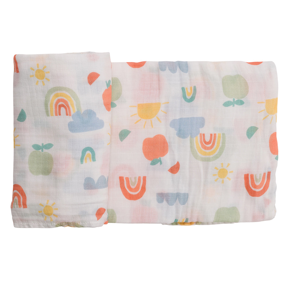 Multicolour rainbow baby muslin swaddling wrap with colorful patterns on a white background