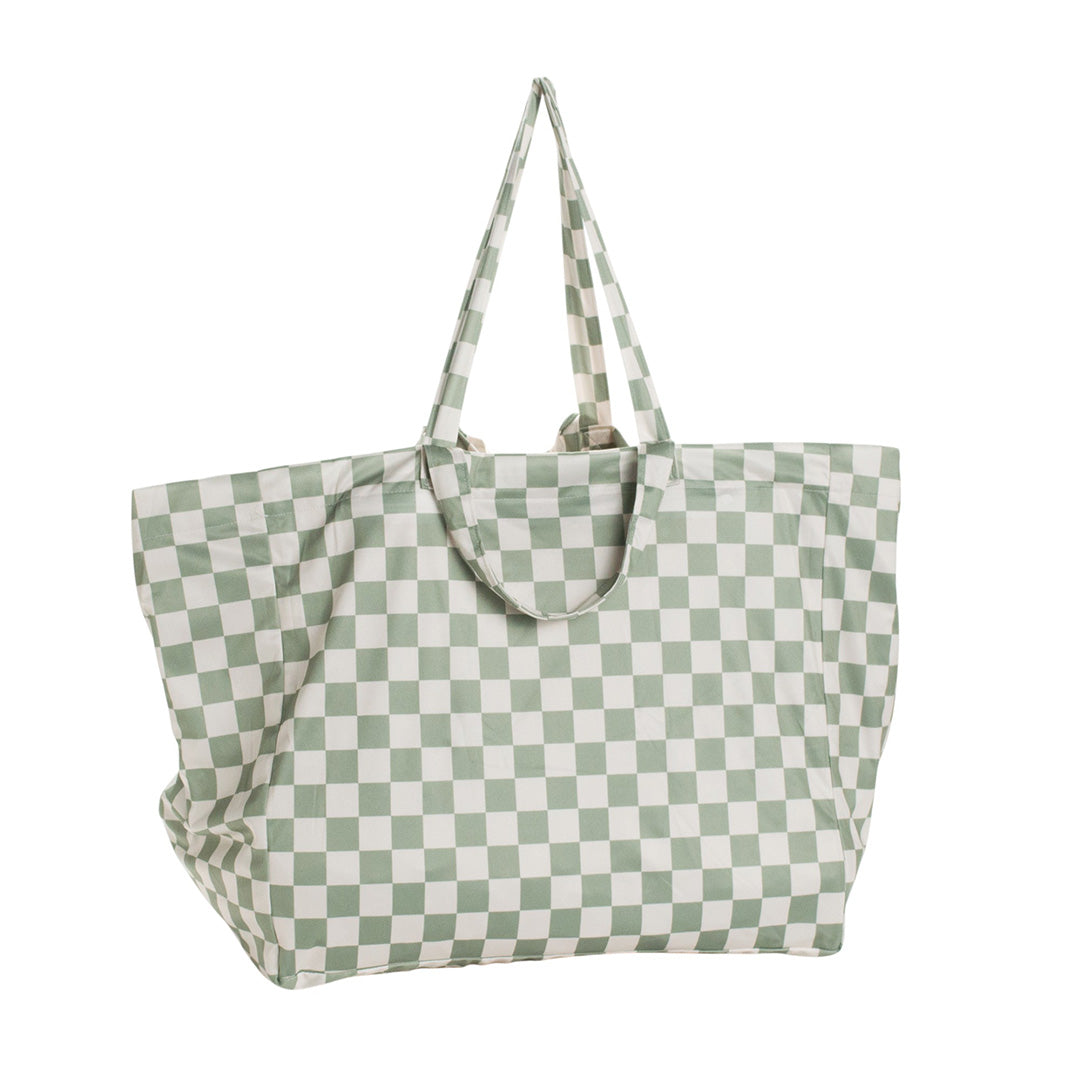 Green and white checkered Nestling tote style beach bag on a white background