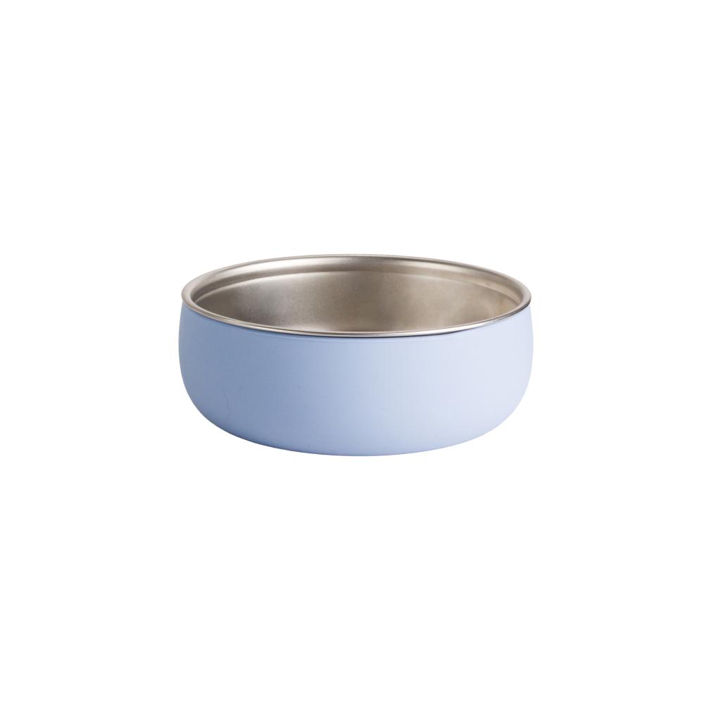 Light blue silicone and stainless steel toddler bowl on a white background