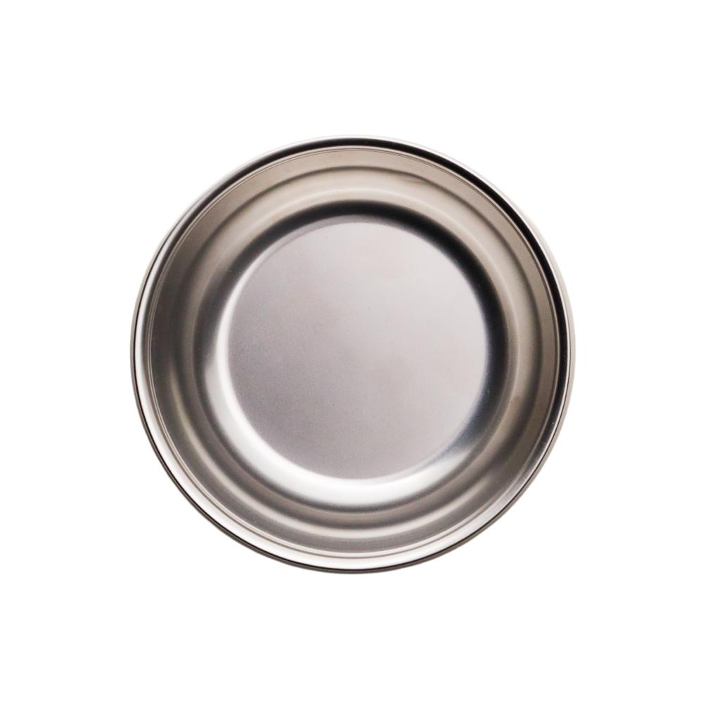 Stainless steel toddler bowl on a white background