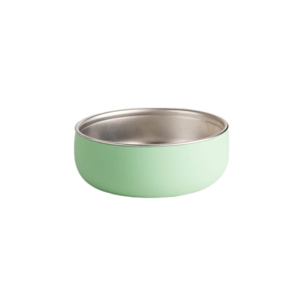 Nestling green large stainless steel and silicone bowl on a white background