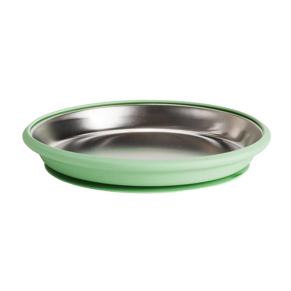 Stainless Steel flat plate with green silicone on a white background