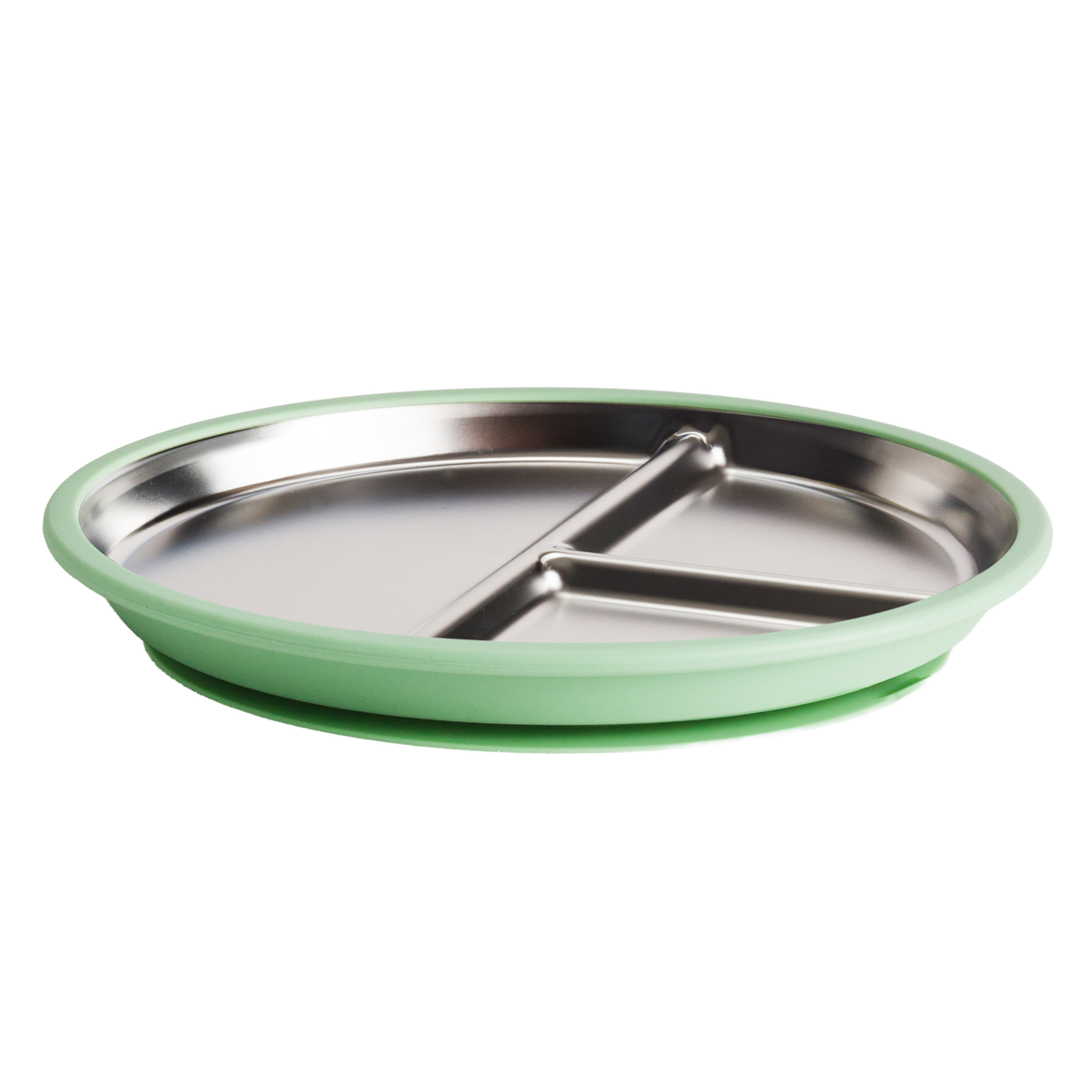 Stainless Steel divided plate with green silicone on a white background