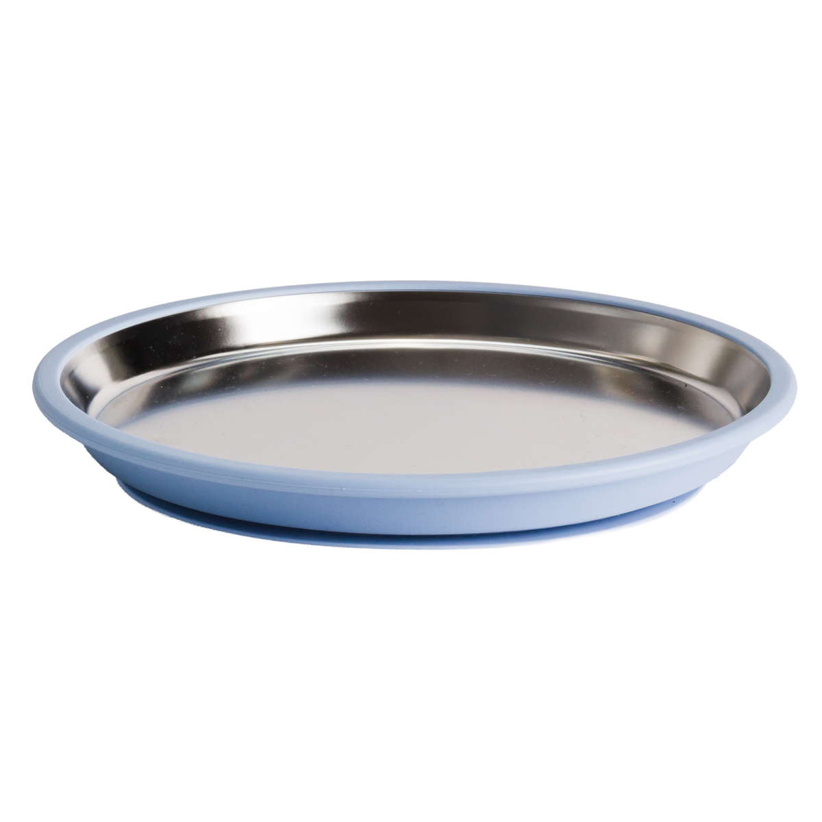 Stainless Steel flat plate with blue silicone on a white background