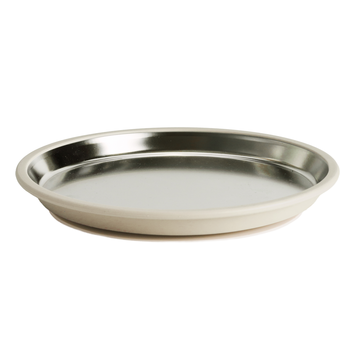 Stainless Steel flat plate with beige silicone on a white background