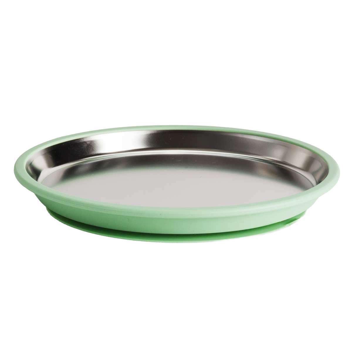 Stainless Steel flat plate with green silicone on a white background